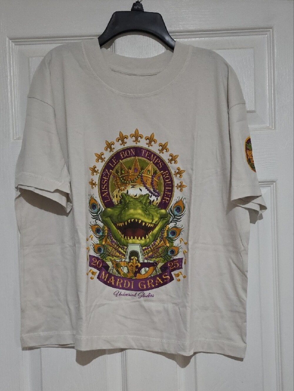 Universal Cream Mardi Gras Alligator Graphic Tee with Purple & Green Accents
